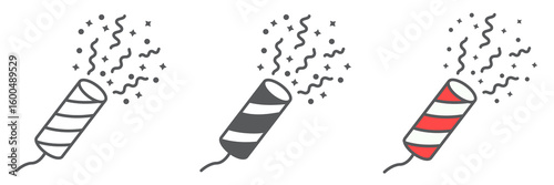 Party popper with confetti icon collection, merry christmas and streamers, confetti popper cracker sign vector set graphics, editable stroke linear icon, eps 10