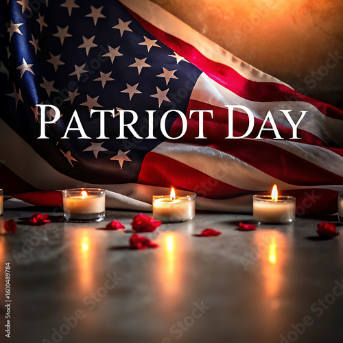 Patriot day remembrance with american flag and lit candles