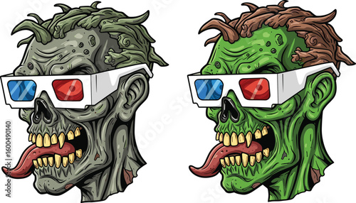 PrintZombie heads wearing 3D glasses, horror cartoon design, undead skull illustration, creepy fun monster art, Halloween theme, rotting cool characters