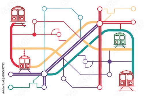 Illustration of a subway map with multiple colored lines and train icons on a white background design