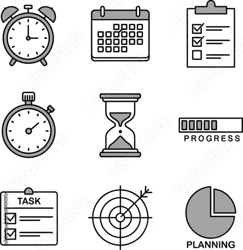 A set of nine grayscale line art icons representing time management productivity and planning concepts.