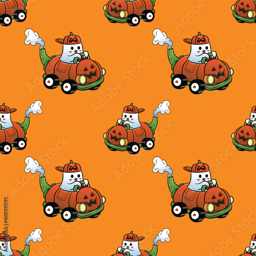 Cute ghost wearing cap character driving a pumpkin car seamless halloween pattern