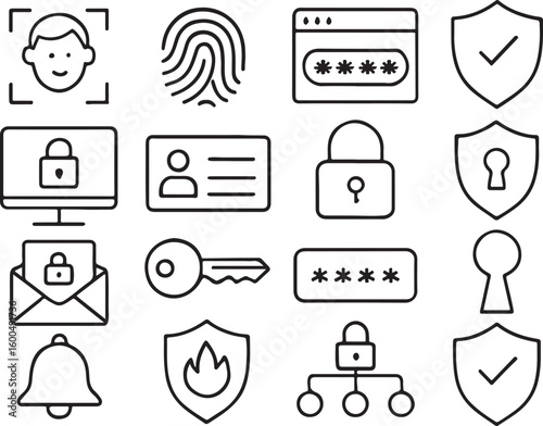 Security and access icons featuring biometric identification and digital protection vector