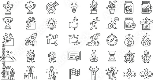 Motivational Icon Set Featuring Trophy, Target, Lightbulb, Medal, Podium, Certificate, Goal Graphics for Achievement Design