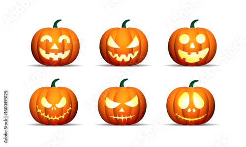 Halloween pumpkins set vector design. Halloween orange pumpkin with funny and scary faces for holiday season spooky trick or treat collection isolated in white background. Vector illustration seasonal