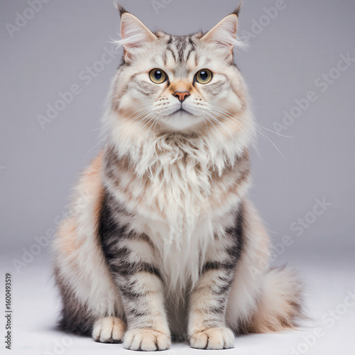 Majestic Maine Coon: A striking Maine Coon cat sits gracefully, showcasing its luxurious long fur and captivating gaze.