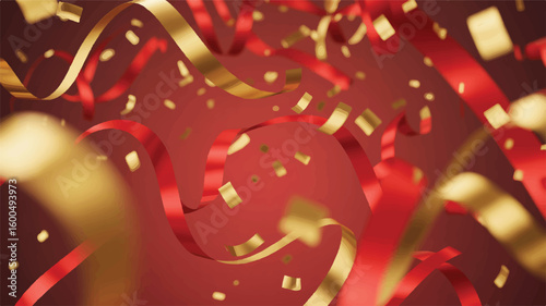 Red and Gold Ribbons Confetti Festive Background celebration