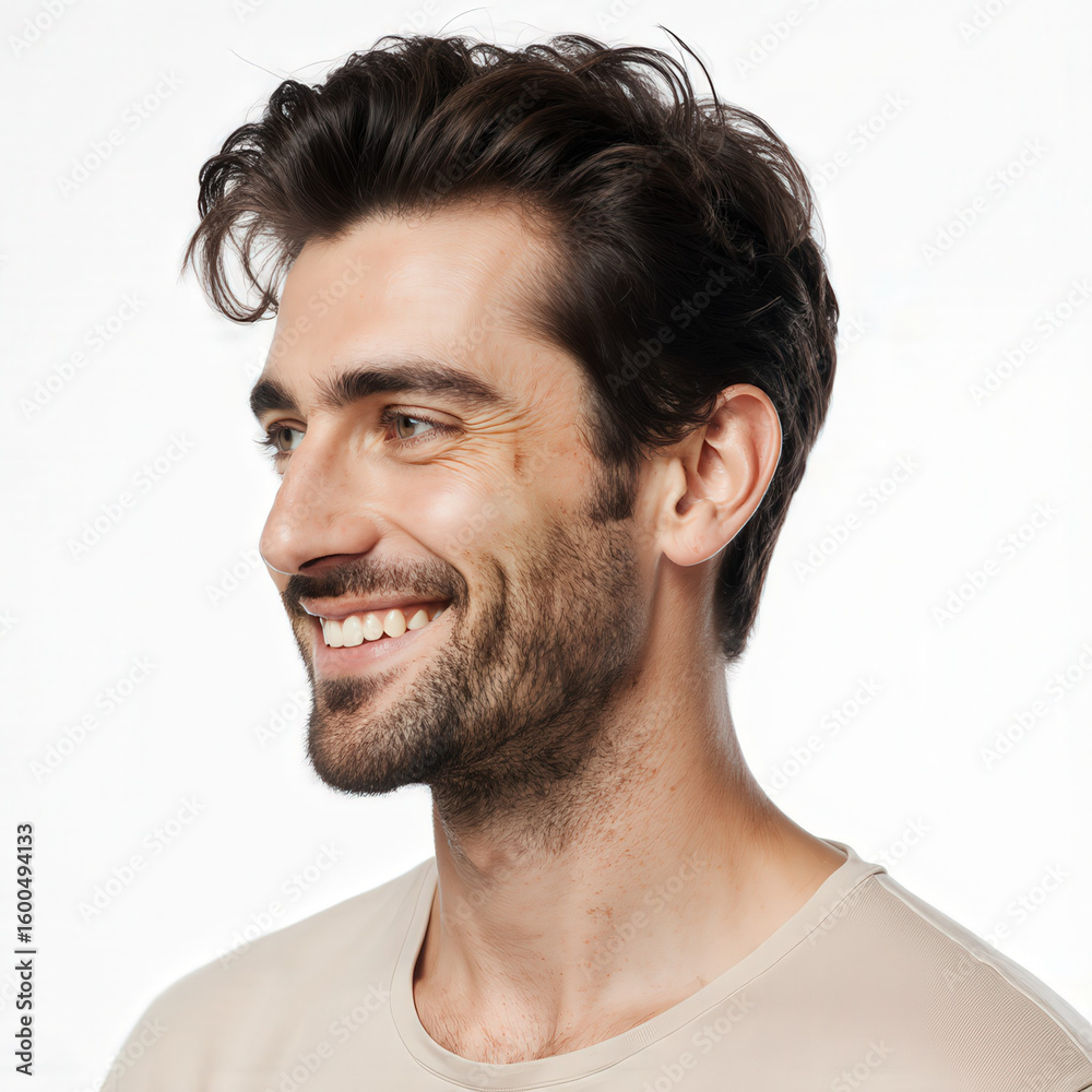 Fototapeta premium Smiling Man: A handsome man with dark, tousled hair wears a genuine smile, showcasing confidence and approachability, as he turns his head towards the light.