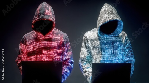 illuminated figures by red and blue light