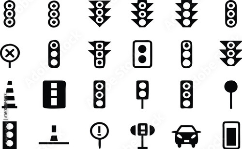 Collection of black and white traffic sign icons featuring stoplights pedestrian signals and road safety elements for design projects 
