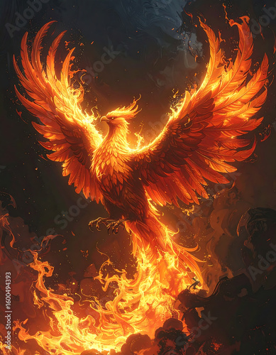 A phoenix rising from ashes	

