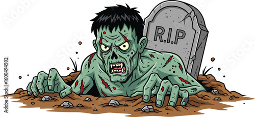 Zombie crawling out of grave with tombstone, undead monster rising from dirt, Halloween horror cartoon, scary creepy graveyard creature