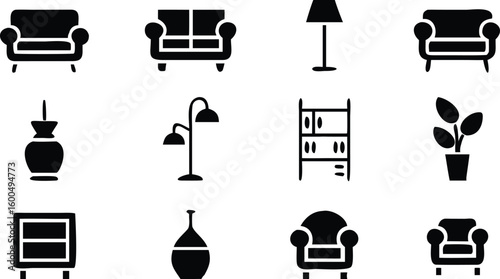 Black and white furniture and decor icons set on white background .