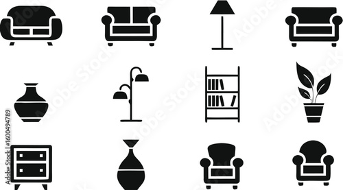 Black and white furniture and decor icons set on white background .