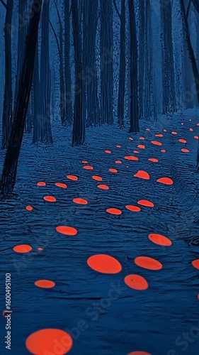 A mystical forest scene with glowing orange circles illuminating a dark blue background.
