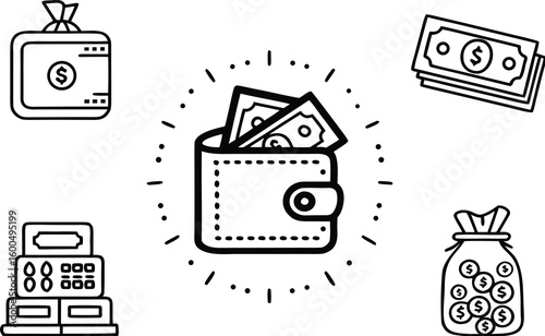Financial icons illustrating wallets savings cash registers and financial related concepts 