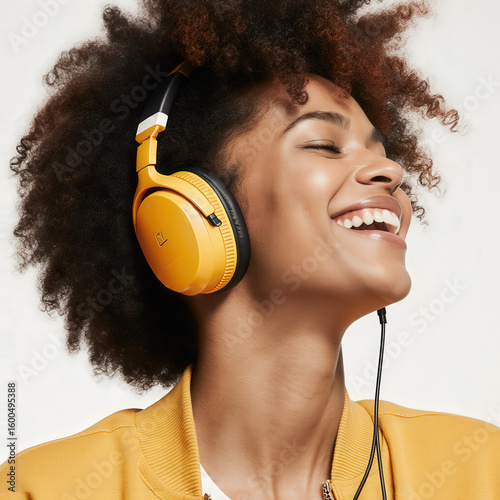 Melody's Bliss: A young woman's face is illuminated as she wears stylish yellow headphones, immersing herself in the melodic world, her eyes closed, captured in close-up.