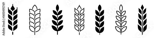 Wheat icon set. Grain, wheat ear, cereal, whole grain, harvest, stalk. Rye ears flat and thin line style - stock vector.