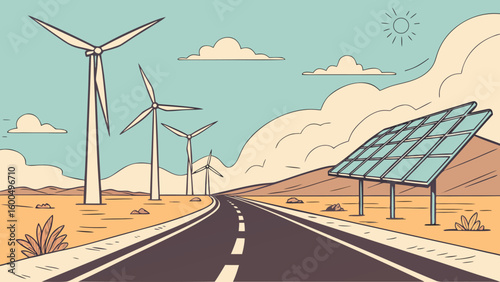 Illustration of wind turbines and solar panels along a road in a desert landscape view with clouds