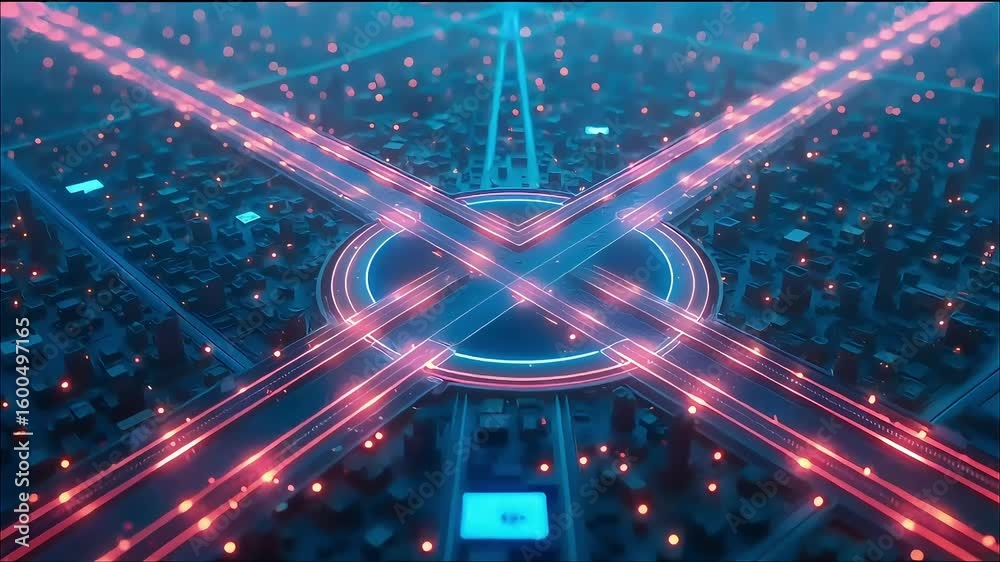 Looping Futuristic Neon City Grid with Animated Data Streams and Aerial Glow