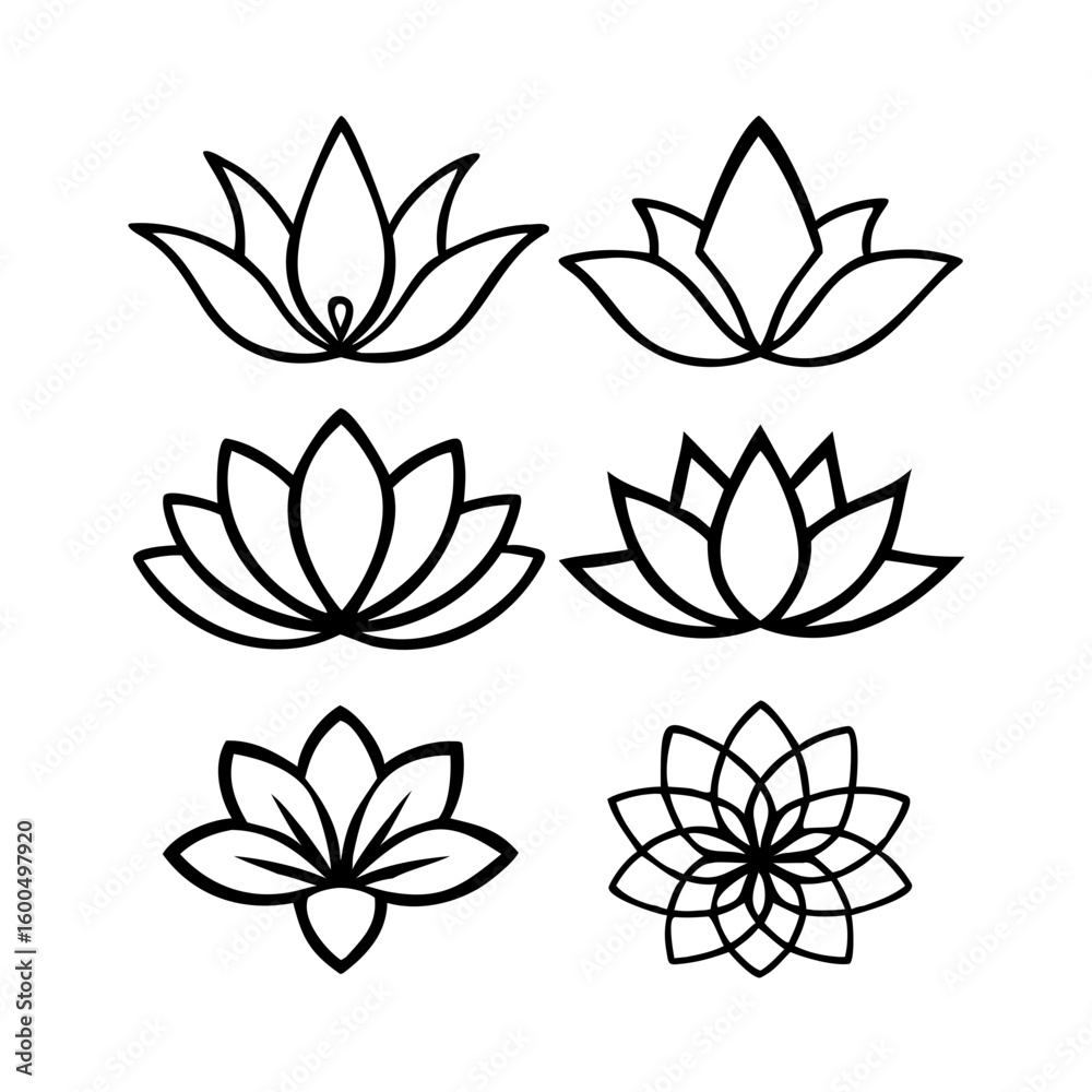 Fototapeta premium Set of lotus flower icons. Flat and line art style. Vector illustration isolated on white background