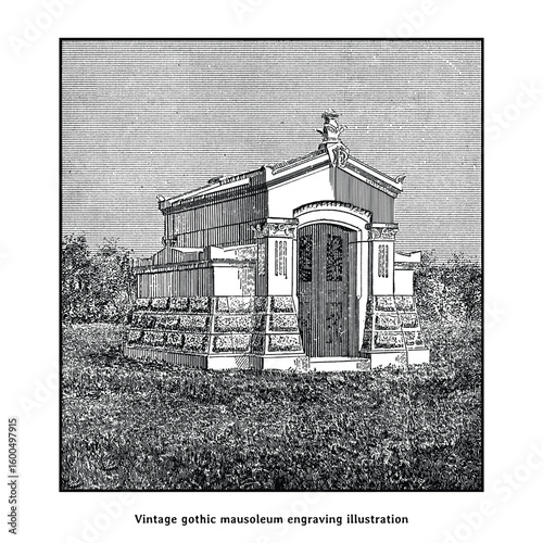 Vintage Gothic Mausoleum Engraving – Black and White Cemetery Illustration