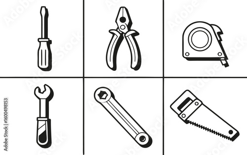 Set of black and white illustration drawings of repair tools for construction projects 
