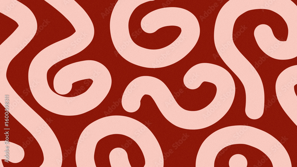 Fototapeta premium Cream colored curved abstract striped pattern design over a dark maroon background, resembling an organic pattern or fingerprint. The shape is dynamic without a prominent texture.