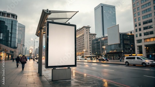 Large vertical billboard at a bus stop with city lights, passing cars, and pedestrians on wet pavement at dusk.