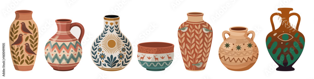 Set of handmade ceramic vases in boho folk style. Unique shapes, earthy tones, and decorative patterns. Isolated on transparent background. Perfect for decor, branding, and design projects. Set of handmade ceramic vases in boho folk style. Unique shapes, earthy tones, and decorative patterns. Isolated on transparent background. Perfect for decor, branding, and design projects.