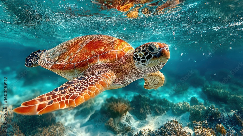 Fototapeta premium Sea turtle swimming in turquoise water over coral reef
