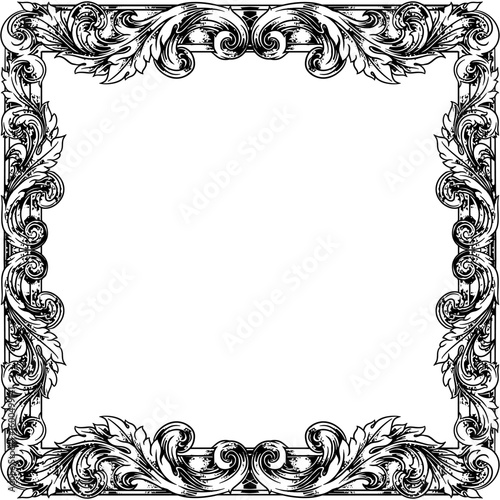 Elegant vintage baroque floral frame in black and white engraving style, decorative square border perfect for invitation, certificate, or retro design.