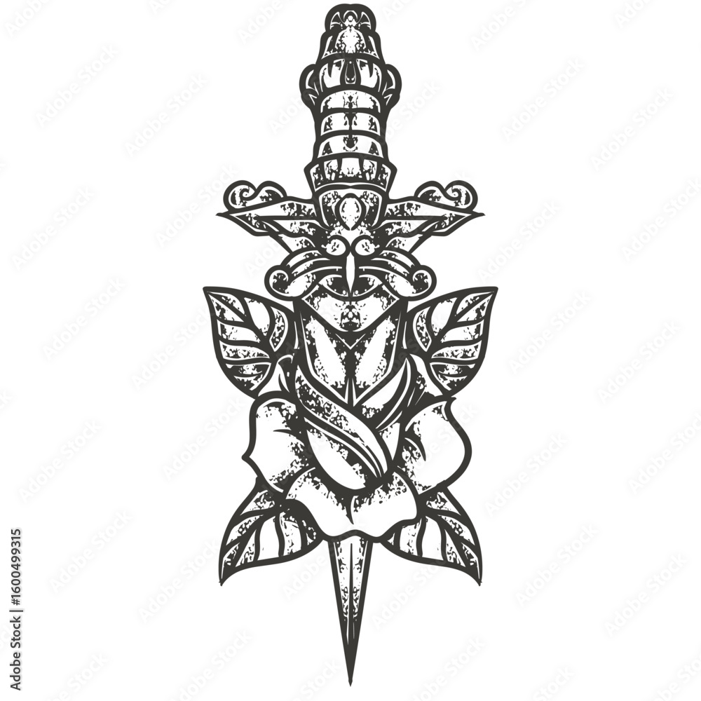 Traditional dagger piercing rose flower, black and white vintage tattoo style illustration, perfect for tattoo design, emblem, or flash art. Traditional dagger piercing rose flower, black and white vintage tattoo style illustration, perfect for tattoo design, emblem, or flash art.