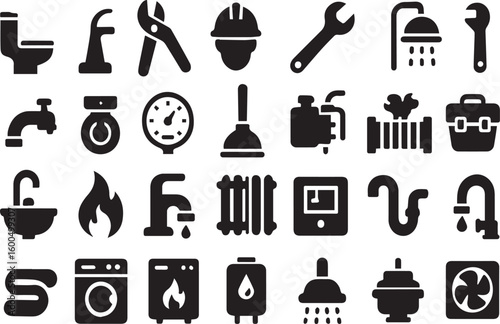 Plumbing & Repair Icon Set – Tools, Pipes, Faucets, Water Heater & Fixtures