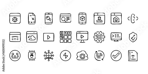  A line-style set of digital marketing web icons. Social media, networking, feedback, communication, marketing, and e-commerce. Vector illustrations.