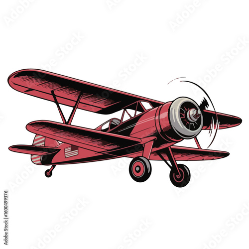 Isolated vintage red biplane with spinning propeller, ready for flight