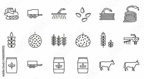 Agricultural and Forestry Transport Line Icon Set – Vector Skidder, Trailer, Irrigation, Grain, Fertilizer, Livestock Symbols