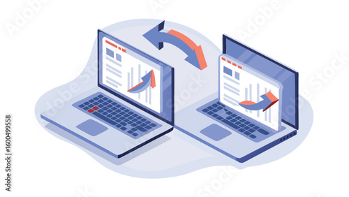 Two laptops connected by an arrow showing data transfer in a modern isometric illustration style