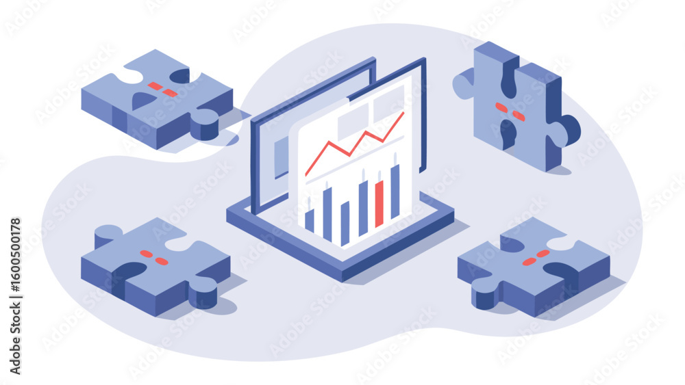 Naklejka premium Isometric illustration of data analysis on a screen surrounded by puzzle pieces on light background