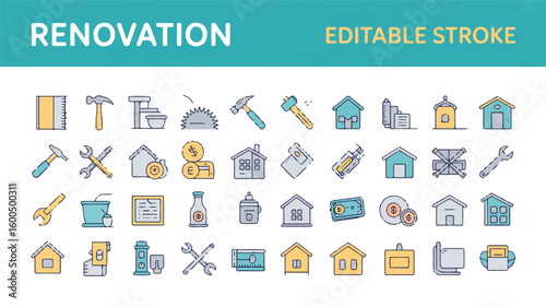 Renovation and construction icons with editable stroke