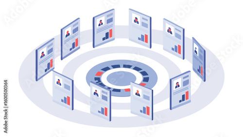 Isometric view of resumes arranged in a circle around a central data processing hub design