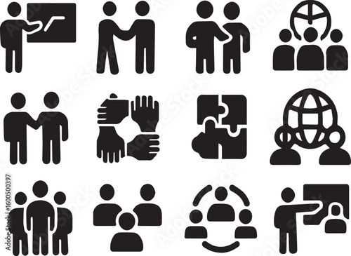 Teamwork & Collaboration Icons – Black Silhouette Vector Set for Business, Coaching & Global Communication