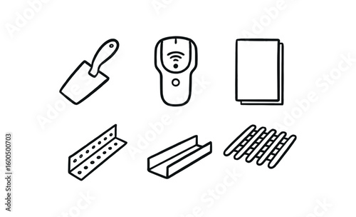 hand drawn cute out doodle style isolated wall plaster trowel wall stud finder wall drywall sheet wall corner bead wall furring channel wall lathe strip