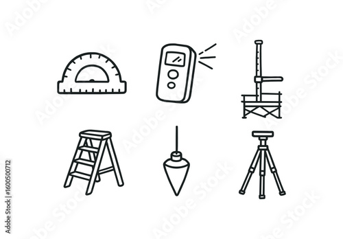 hand drawn cute out doodle style isolated height clinometer protractor height rangefinder laser height stadiometer step ladder height plumb bob height scaffolding plank height tripod