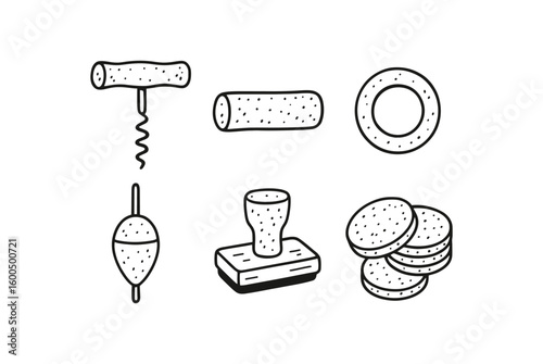 hand drawn cute out doodle style isolated cork plug etractor cork grip handle cork gasket seal cork fishing bobber cork stamp pad cork coaster
