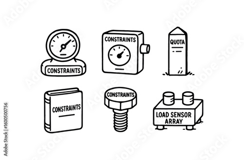 hand drawn cute out doodle style isolated constraints limiter plate constraints speed governor unit constraints quota marker post constraints regulatory tome constraints parameter cap screw
