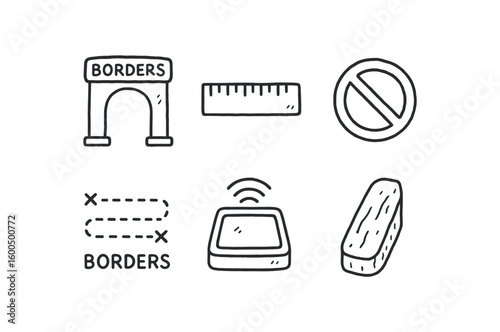 hand drawn cute out doodle style isolated borders checkpoint gateway arch borders margin measuring ler borders entry signage icon borders treaty plot borders perimeter sensor pad borders