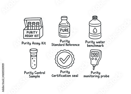 hand drawn cute out doodle style isolated purity assay kit purity standard reference purity water benchmark purity control sample purity certification seal purity monitoring probe
