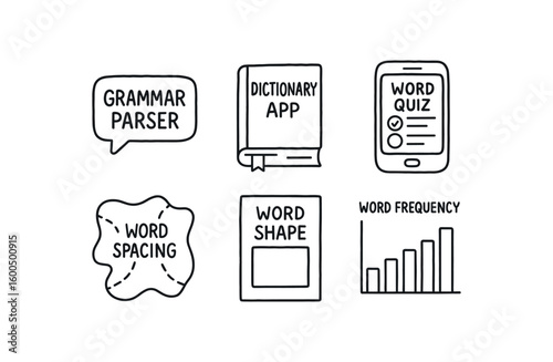 hand drawn cute out doodle style isolated word grammar parser word dictionary word quiz interface word spacing map word shape template word frequency chart