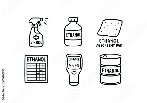 hand drawn cute out doodle style isolated ethanol sanitizer spray ethanol reagent bottle ethanol absorbent pad ethanol compatibility chart ethanol purity meter ethanol storage dm